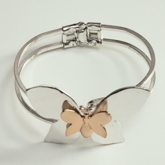 Metal Double Butterfly Silver and Copper Hinge Bracelet - Picture 5 of 6